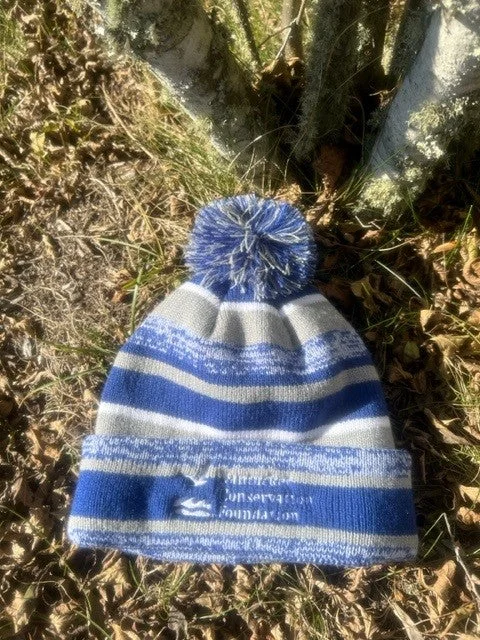 Beanies & headbands for home trends-Winter Hat with insulated layer and blue/gray Stripes and Pom-Pom