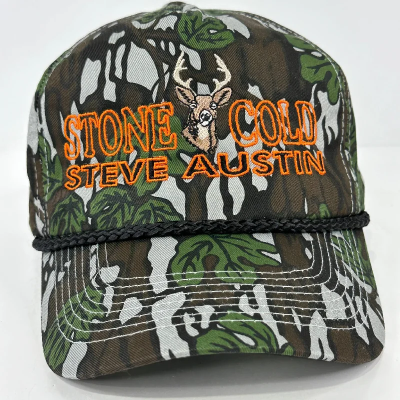 Beanies & headbands for young kids-STONE COLD Hunting on a Vintage GREEN CAMO Rope SNAPBACK CAP Deer HAT CUSTOM EMBROIDERED