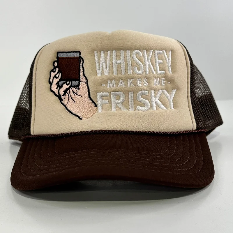 Beanies & headbands for music lovers-WHISKEY MAKES ME FRISKY Brown Foam  Mesh Adjustable SnapBack Trucker Cap Hat Custom Embroidered Collab Rowdy Roger