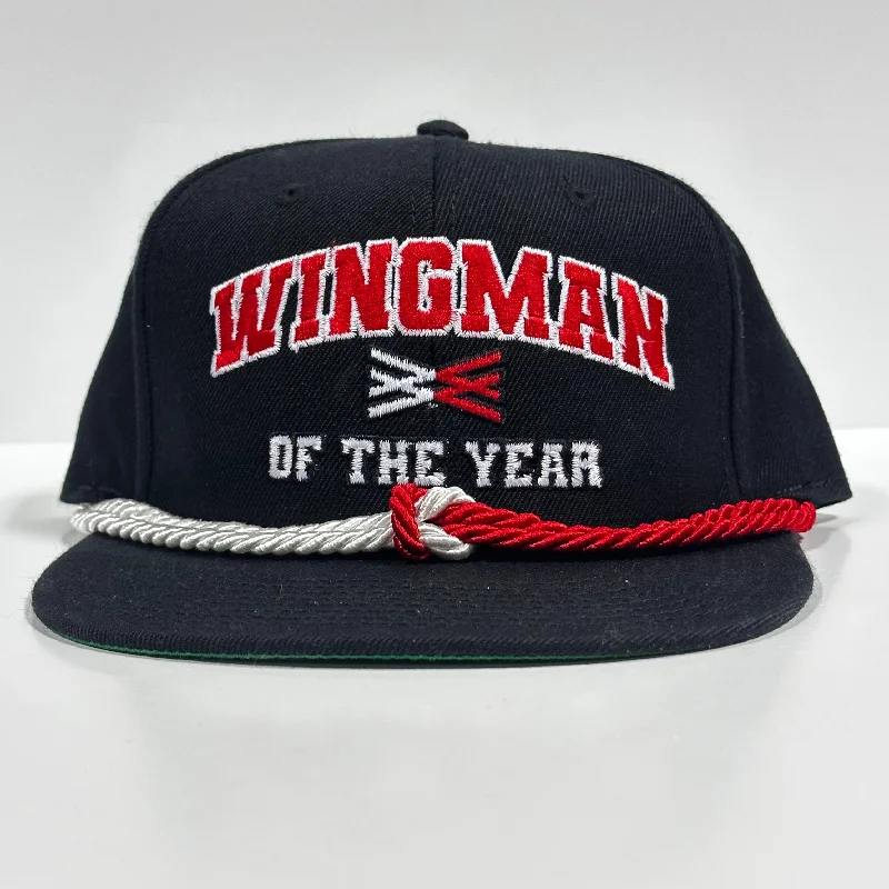 Beanies & headbands for each night-Wingman of the year on a black SnapBack Hat Cap with double rope Official Collab Wingman of the year Wotyofficial Custom Embroidery