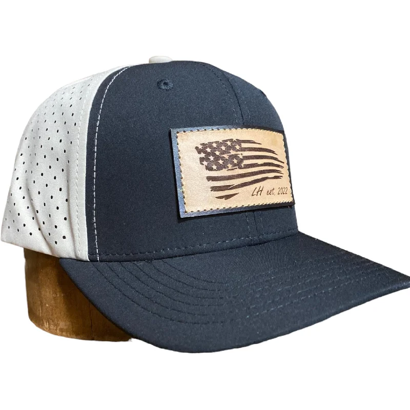 Beanies & headbands for grunge feels-The Leather Head Hat Co American flag patch hydro khaki mesh Snapback hat cap