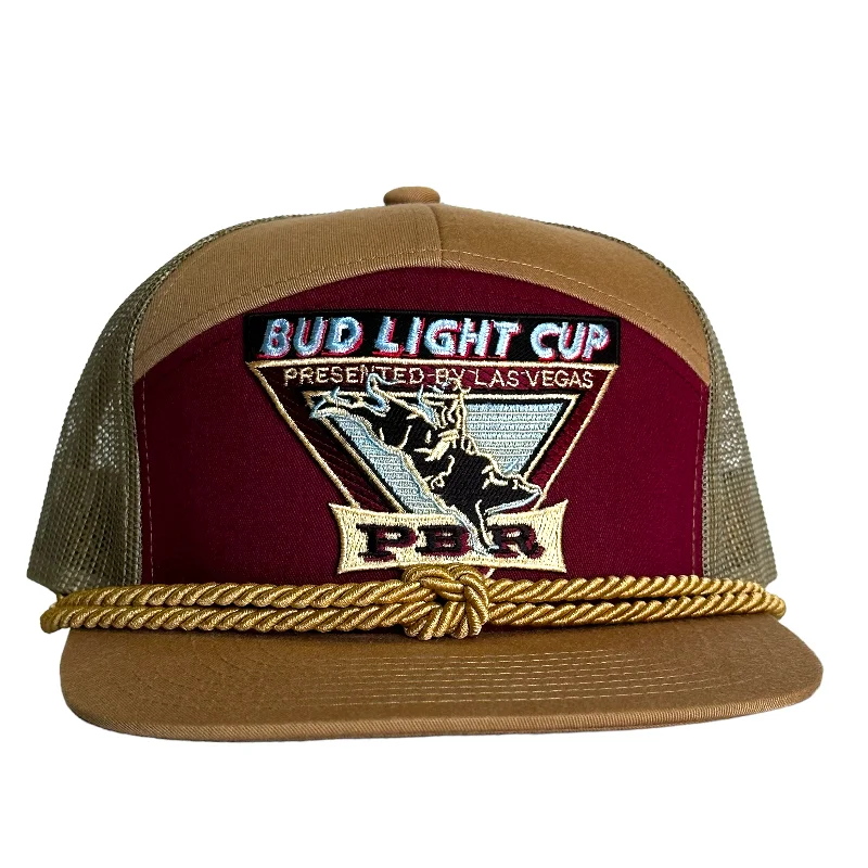 Beanies & headbands for green crafts-Custom Bud Light Cup patch 7 Panel Rope Trucker SnapBack Cap Hat