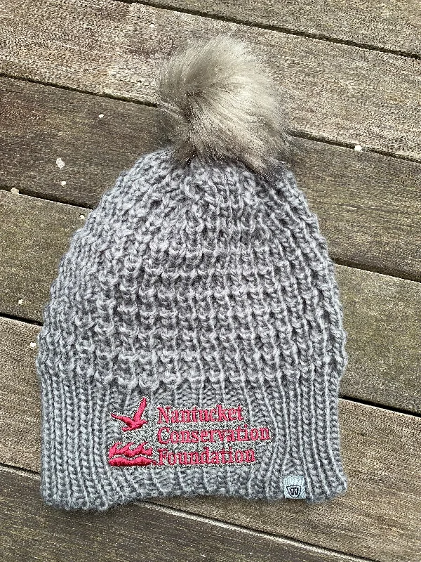 Beanies & headbands for video trends-Grey Lady Winter Hat with pom-pom and Nantucket Conservation Foundation Written on the Brim