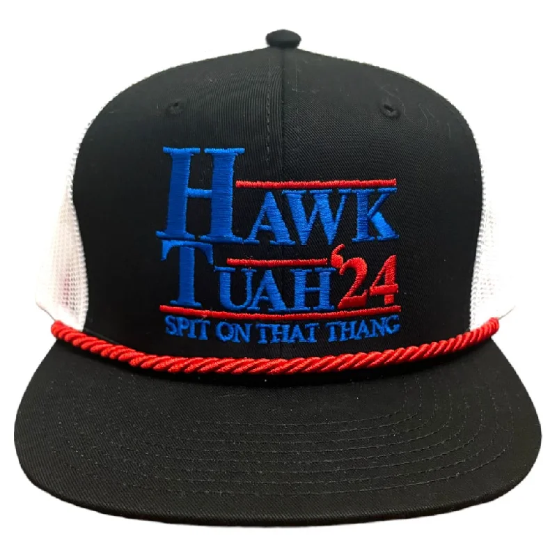 Beanies & headbands for odd fits-Hawk Tuah 24 and ordered on a black and white mesh SnapBack hat cap with red rope custom embroidery ￼