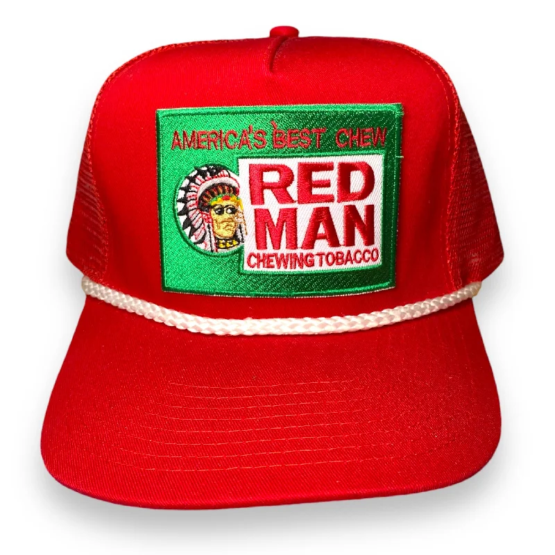 Beanies & headbands for look boosts-Custom Red Man Chewing Tobacco Vintage Red Mesh Curved Brim White Rope Snapback Patch Hat Cap