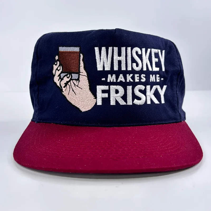 Beanies & headbands for business casual-WHISKEY MAKES ME FRISKY Vintage Strapback Adjustable Cap Hat Custom Embroidered Collab Rowdy Roger