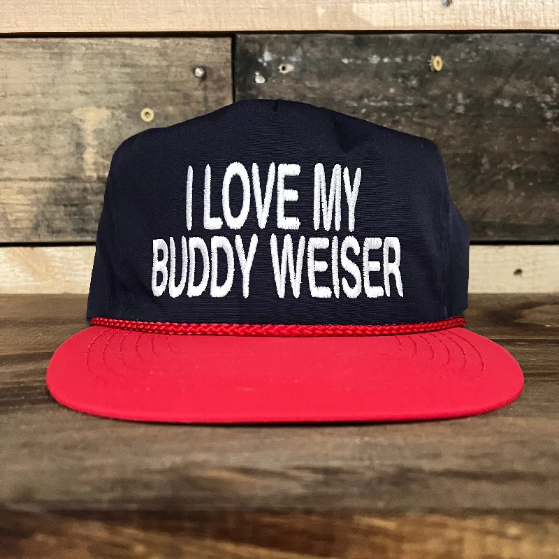 Beanies & headbands for party swag-I Love My Buddy Weiser Vintage Navy Crown Red Brim SnapBack Hat Cap with Red rope Custom Embroidery