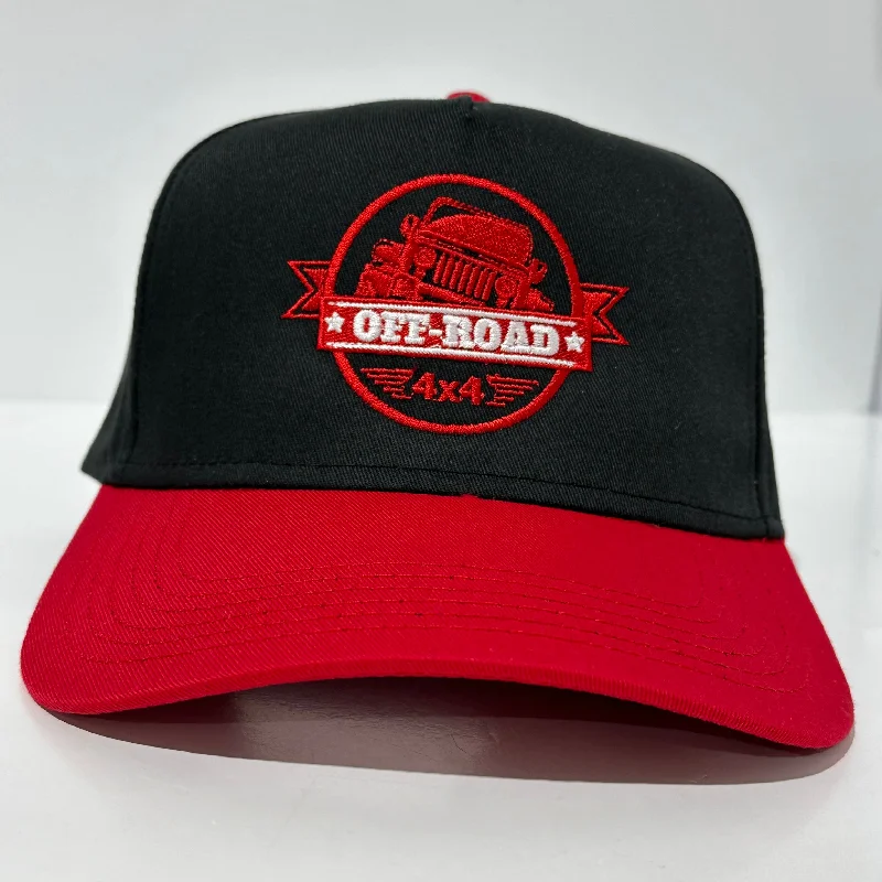 Beanies & headbands for mountain views-OFF ROAD 4x4 Jeep Black & Red Snapback Cap Hat Embroidered