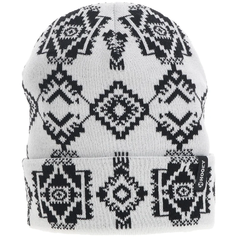 Beanies & headbands for mountain views-"Hooey Beanie" White w/Black Aztec