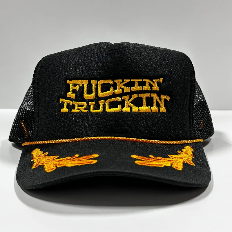 Beanies & headbands for ear warmers-Fn Truckin’ Vintage Black Gold Leaf Mesh Trucker Snapback Hat Cap Custom Embroidery