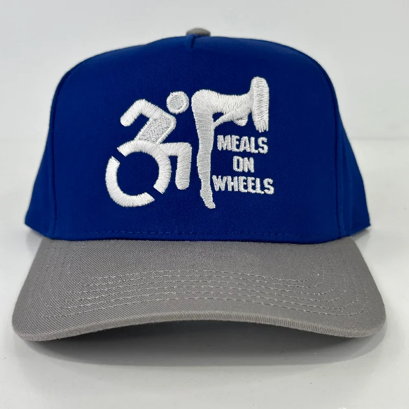 Beanies & headbands for larger fits-Meals on wheels on a blue crown gray brim SnapBack Hat Cap Custom Embroidered