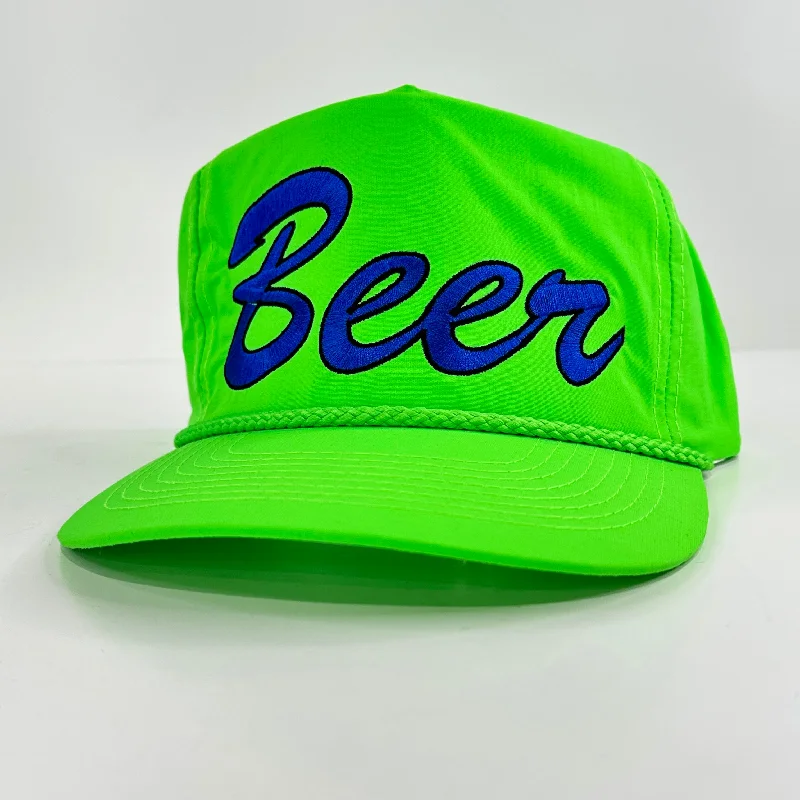 Beanies & headbands for low valleys-Beer on a neon green SnapBack hat cap with rope Collab rowdy Roger custom embroidery