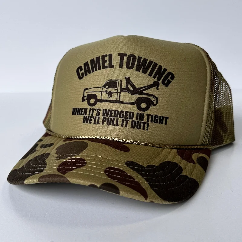 Beanies & headbands for long hair-Camel Towing Camouflage Mesh Trucker SnapBack Cap Hat Custom Printed