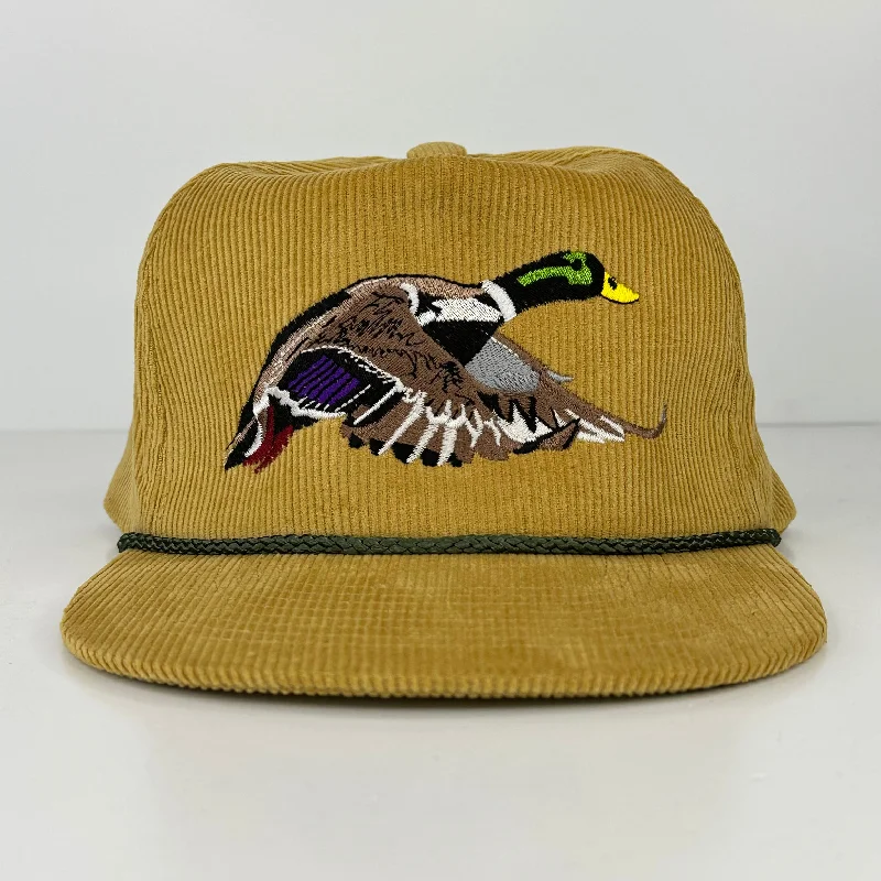 Beanies & headbands for friend time-Mallard Duck Corduroy ￼Rope￼ Mustard ￼SnapBack Cap Grandpa Hat Custom Embroidered