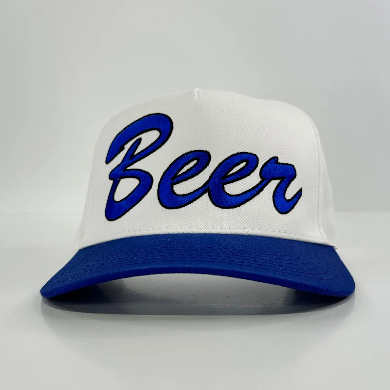 Beanies & headbands for breezy days-Beer on a white crown blue brim SnapBack hat cap Collab rowdy Roger custom embroidery