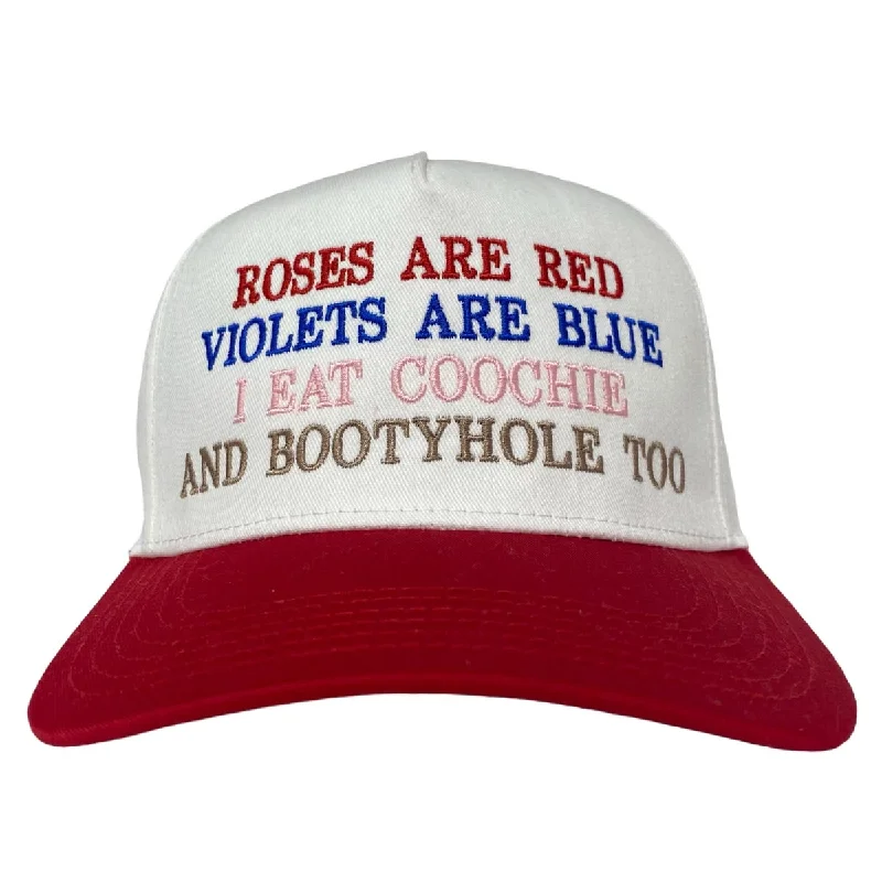 Beanies & headbands for collectors-Roses are red violets are blue I eat coochie and booty hole too White/red Midcrown Snapback Custom Embroidered Cap Hat