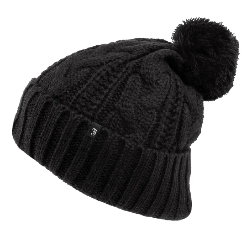 Beanies & headbands for all times-Cable Knit Bobble Hat - Black