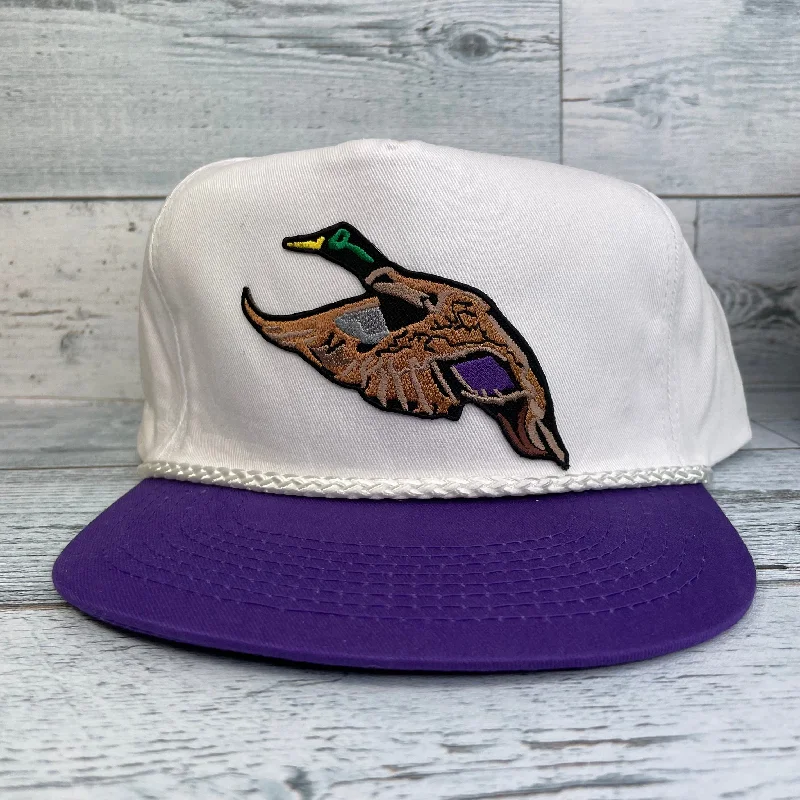 Beanies & headbands for odd fits-Custom Mallard Duck patch Vintage Purple Brim Rope Flat Snapback Cap Hat