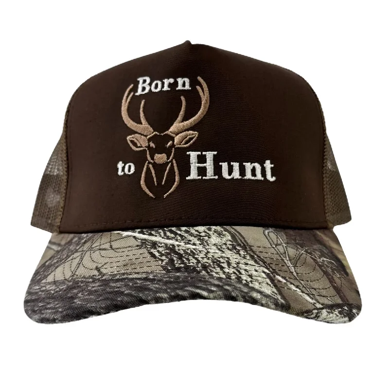 Beanies & headbands for buddy gifts-Born to hunt deer hunting on a brown crown mesh camo brim custom embroidery ￼￼