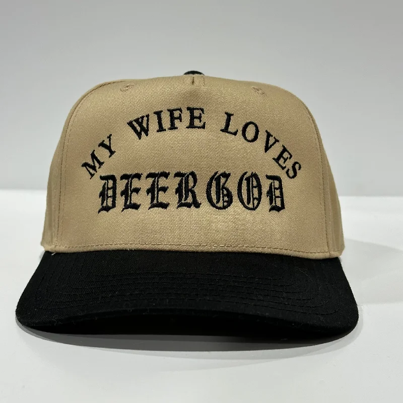 Beanies & headbands for look boosts-Your Wife Loves DEERGOD custom embroidered SnapBack tan/black cap hat