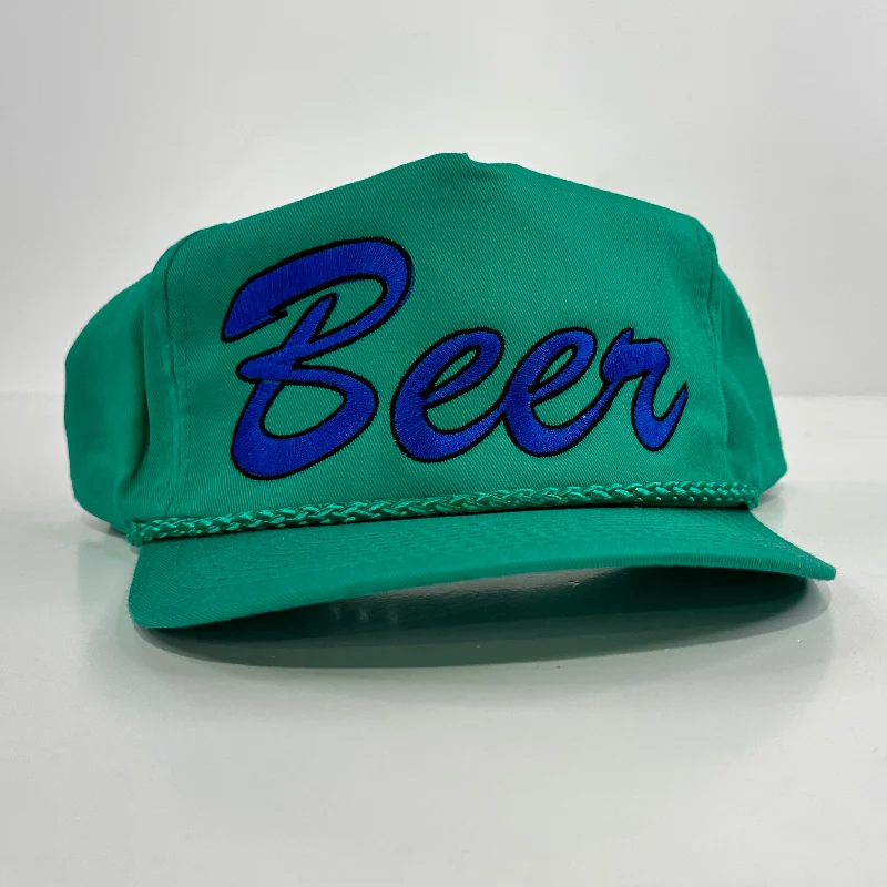 Beanies & headbands for teen fashion-Beer on a Green SnapBack hat cap with rope collab hat Rowdy Roger Custom Embroidery