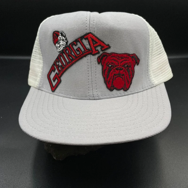 Beanies & headbands for fishing lakes-Custom Georgia bulldogs dawg University and Vintage Patch gray and white mesh Trucker snapback hat Ready to ship