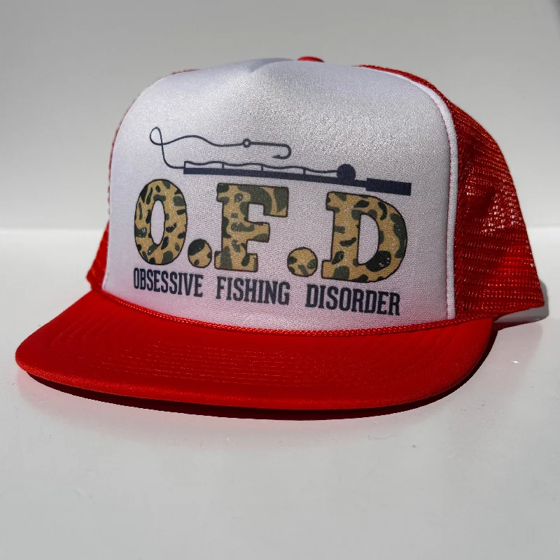 Beanies & headbands for top quality-OFD OBSESSIVE FISHING DISORDER Funny Vintage Orange Mesh Flat Bill SnapBack Trucker Cap Hat Custom Printed