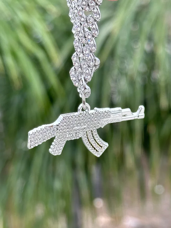 Beanies & headbands for dotted prints-*NEW SILVER "AK-47" ICED OUT CHAIN W/RHINESTONES VERY LIMITED