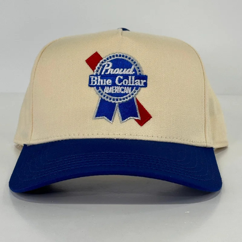 Beanies & headbands for vacation trips-Proud Blue Collar American PBR Ball Cap SnapBack Hat Custom Embroidered