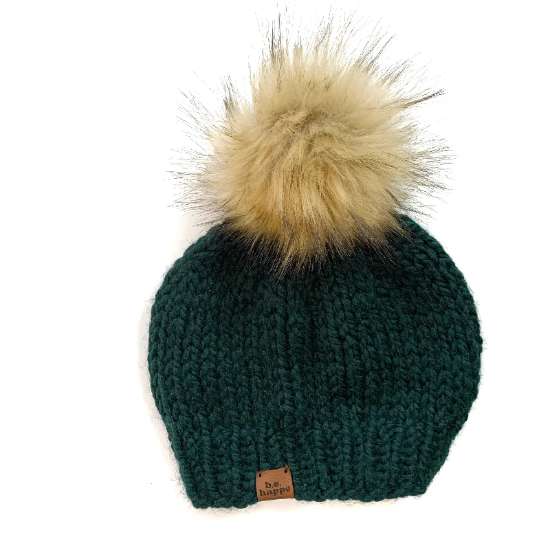 Beanies & headbands for snug nights-Adult Solid Knit Pom Hat | Dark Green