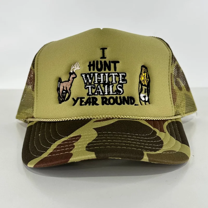 Beanies & headbands for grown-ups-I hunt white tails year round on a Camo mesh SnapBack hat cap Collab Rowdy Roger Custom embroidery