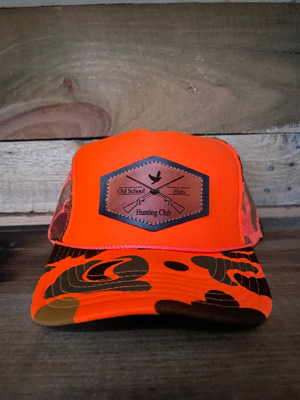 Beanies & headbands for help days-Old School Hunting Club Leather Patch Orange Camo Mesh SnapBack Hat Cap