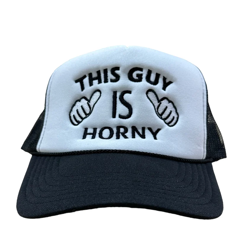 Beanies & headbands for packed days-THIS GUY IS HORNY Mesh Black Trucker SnapBack Cap Hat Custom Embroidered ￼