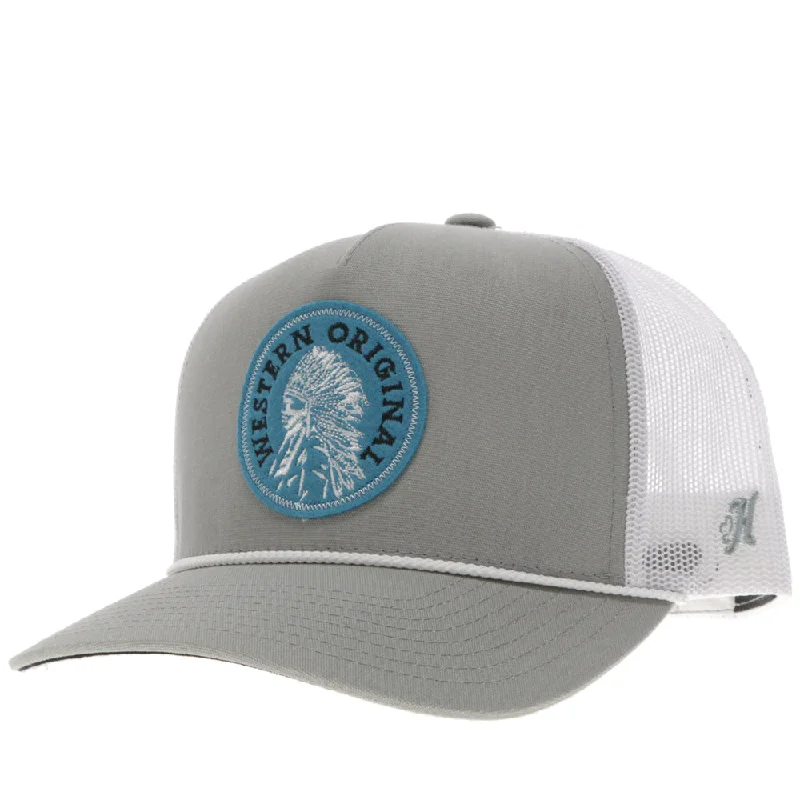 Beanies & headbands for fresh ups-"Quanah" Hat Grey/White w/Black & Blue Patch