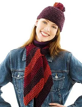 Beanies & headbands for easy care-Knitted Pom Pom Hat and Bias Scarf Pattern (Knit)