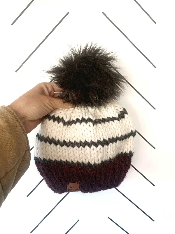 Beanies & headbands for low valleys-0-3 month Baby Striped Knit Pom Hat | Maroon + Charcoal Gray