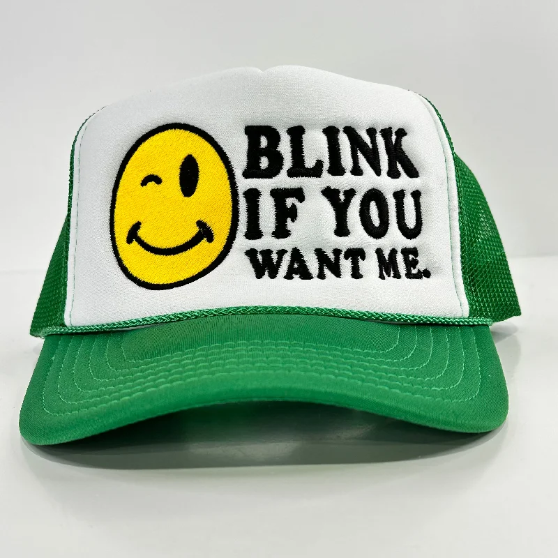 Beanies & headbands for farm life-Blink if you want me on a green mesh trucker SnapBack Hat Cap Collab Rowdy Roger Custom Embroidered