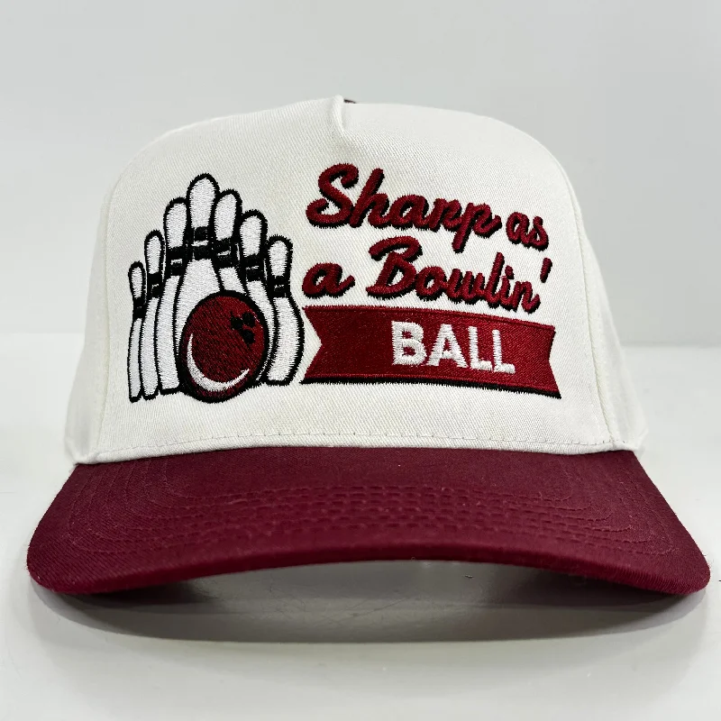 Beanies & headbands for campfires-SHARP AS A BOWLIN BALL MAROON BRIM SNAPBACK CAP FUNNY BOWLING BALL HAT CUSTOM EMBROIDERED COLLAB JUSTIN STAGNER