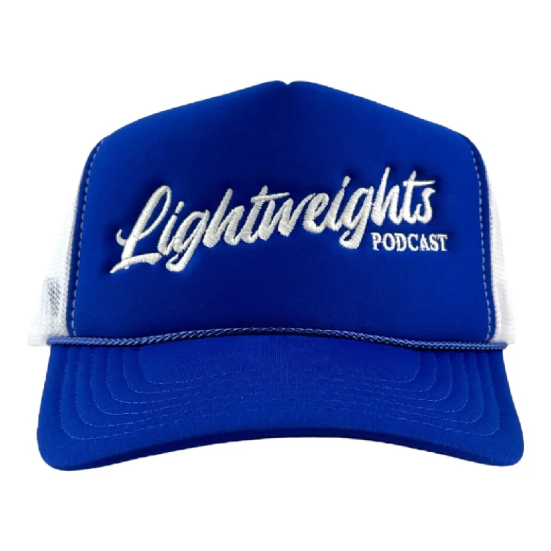 Beanies & headbands for school looks-Lightweights Podcast Official Merch Blue/White Mesh SnapBack Hat Custom Embroidered