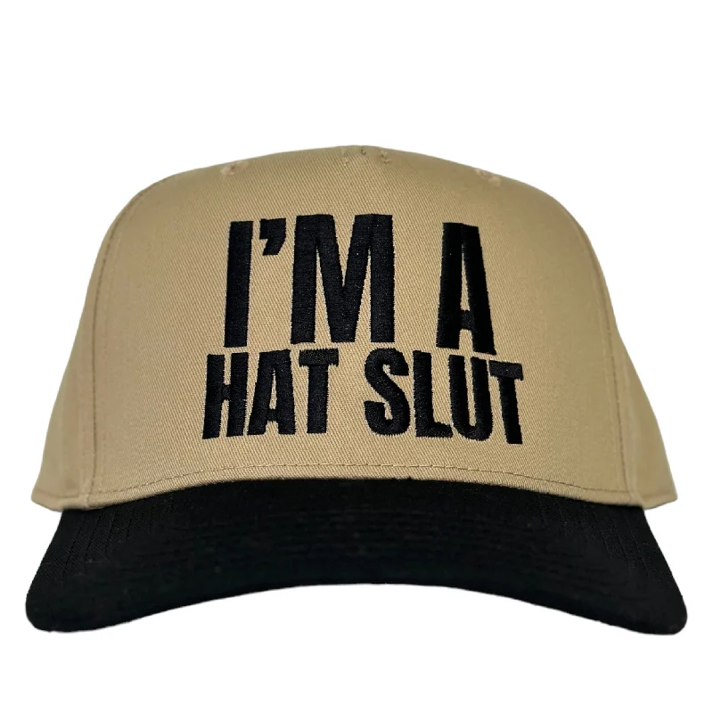 Beanies & headbands for mountain biking-IM A HAT SLUT SnapBack Cap Funny Hat Dark Khaki Black Brim Custom Embroidered