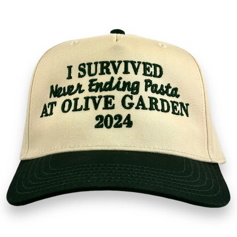 Beanies & headbands for trade shows-I SURVIVED NEVER ENDING PASTA HAT CUSTOM EMBROIDERY