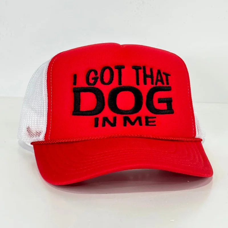 Beanies & headbands for beach vibes-I GOT THAT DOG IN ME Red White Mesh￼ Trucker SnapBack Cap Hat Custom Embroidered ￼