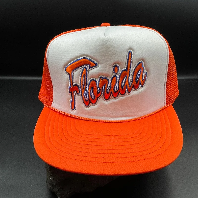 Beanies & headbands for skate parks-Custom Florida Vintage orange mesh Trucker snapback hat cat ready to ship