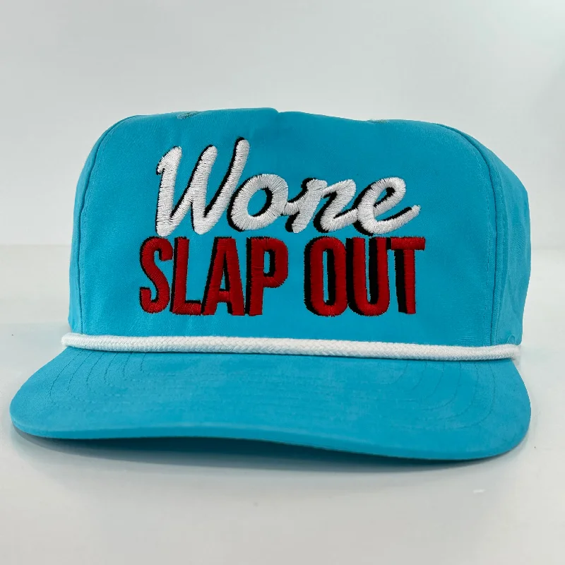 Beanies & headbands for back ups-Wore Slap Out on a teal rope Snapback Hat Cap Collab Justin Stagner Custom Embroidery