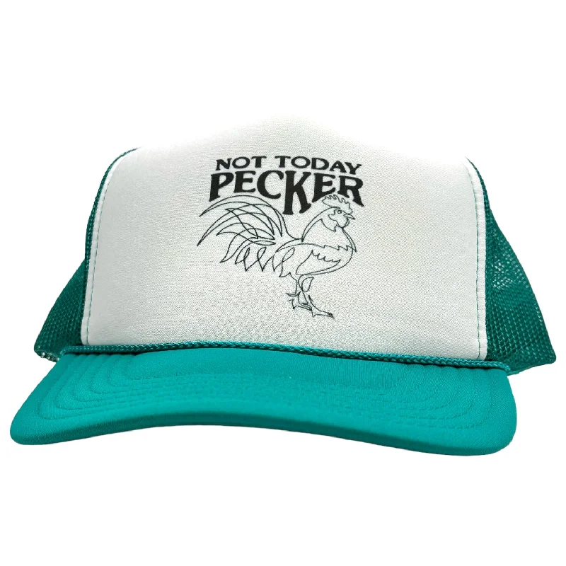 Beanies & headbands for stitched logos-NOT TODAY PECKER Rooster Jade Green Mesh Trucker SnapBack Cap Hat Funny Custom Printed