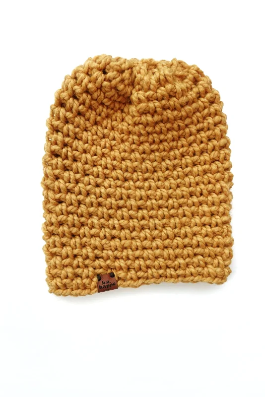 Beanies & headbands for girls-Crochet Simple Slouch Hat | Mustard Yellow