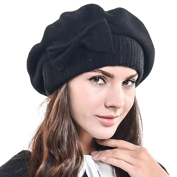 Wool hats for Halloween-Women Wool Beret with Bow Dress Beanie Winter Hat