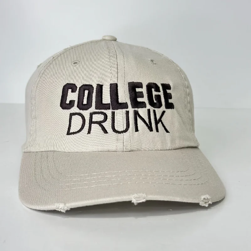 Beanies & headbands for snowy weather-College Drunk on a tan distressed Strapback Hat Cap Custom Embroidery