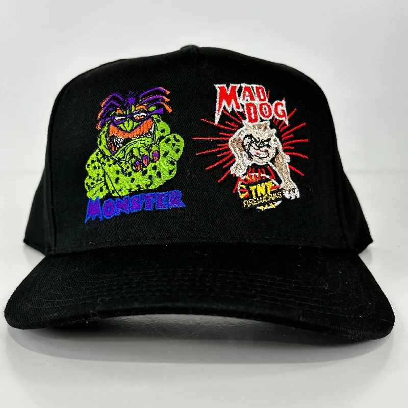 Beanies & headbands for every one-TNT FIREWORKS MAD DOG TNT & MONSTER BLACK SNAPBACK CAP HAT Official Collab Custom Embroidered