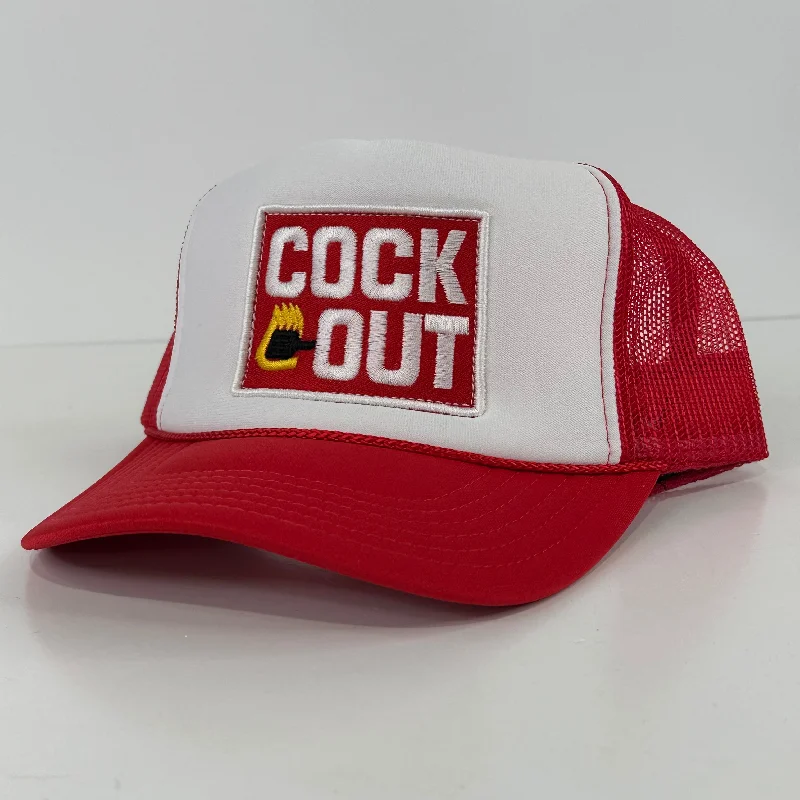 Beanies & headbands for little ones-Cock Out Funny on a Red Mesh Trucker Mesh SnapBack Hat Cap Custom Embroidered